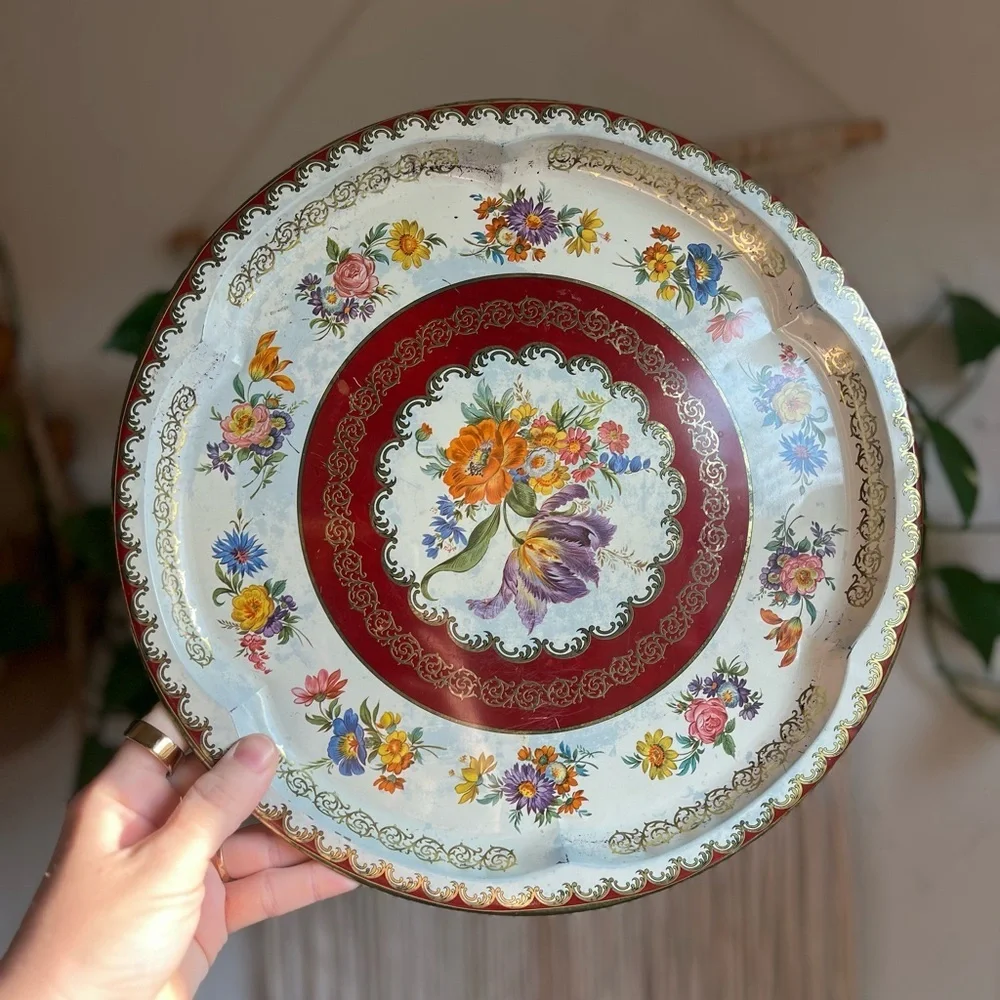 Vintage Daher Floral Metal Tray Red Gold Cottagecore Serving Tray England 12.5”